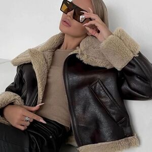 NWT Zara brown aviator jacket leather and fur SZ M oversized fit